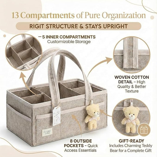 PeraBella XL Diaper Caddy Organizer With Handle, Baby Shower Gifts Basket Bag, Registry Search Must Haves Items, Newborn Girl Boy Nursery Storage Organizer, Baby Bag Essentials, Car Diaper Caddy Cart