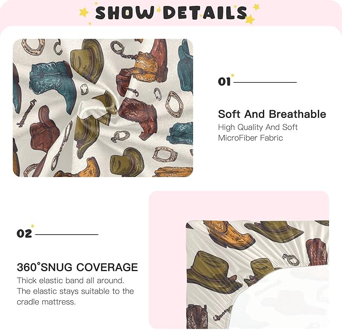 Western Cowboy Boots Vintage Crib Sheets Soft Breathable Fitted Baby Crib Sheets Mattress Cover for Girls Boys 52" x 28" x 9"