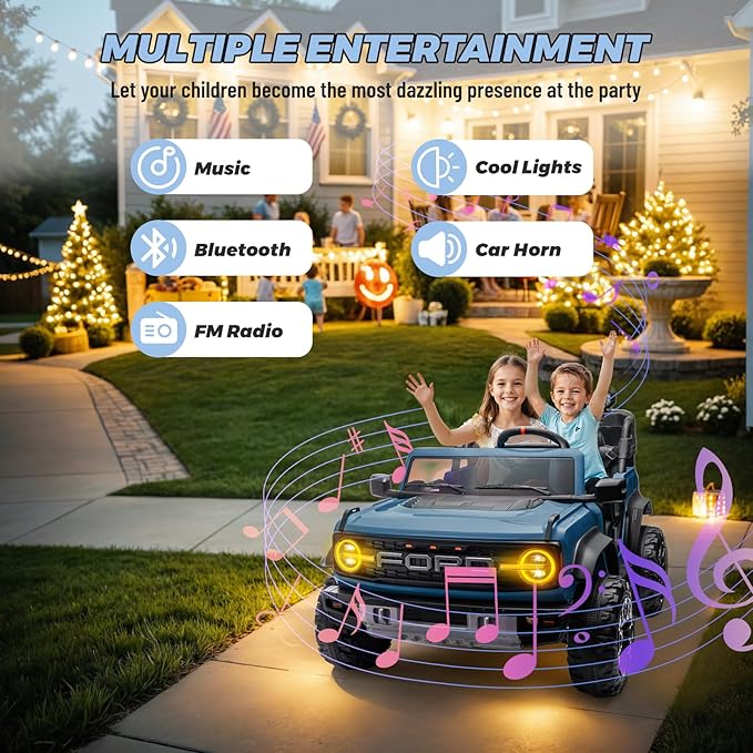 ENYOPRO 2 Seater Ride On Car for Kids, 24V Licensed Ford Bronco Raptor Electric Power Ride On Truck Toy with Remote Control, 4 Wheels Shock Absorption, Soft Start, Bluetooth, Radio, 3 Speed - Blue