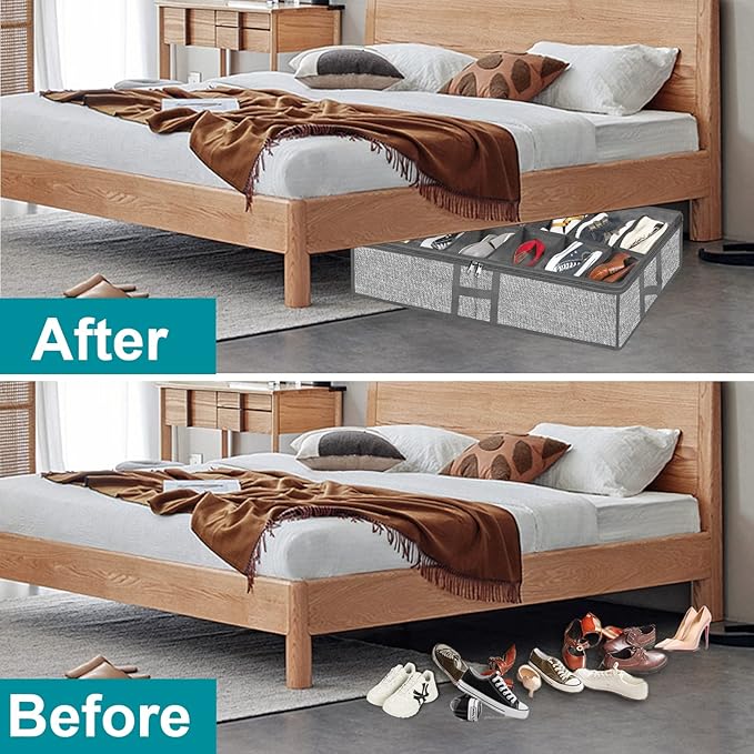 Meerainy Under Bed Shoe Storage Organizer for Closet 2 Pack- Fits 24 Pairs Underbed Shoes Rack Container Boxes with H Shap Sturdy Handles and Clear Window,Foldable Shoe Rack Holder,Grey