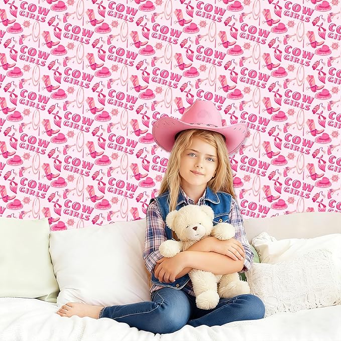 Pink Peel and Stick Wallpaper Cowgirl Contact Paper Staircase Sticker Western Theme Self Adhesive Wall Paper Hat Boots Vinyl Film Disco Cow Print Art Mural for Cabinets Bedroom Drawer 15.7"x62.9"