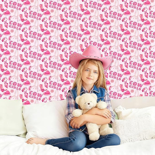 Pink Peel and Stick Wallpaper Cowgirl Contact Paper Staircase Sticker Western Theme Self Adhesive Wall Paper Hat Boots Vinyl Film Disco Cow Print Art Mural for Cabinets Bedroom Drawer 15.7"x62.9"