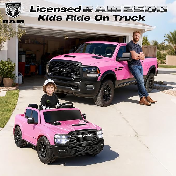 FUNTOK 24V 2 Seater Ride On Truck for Big Kids, Licensed RAM 2500 Kid's Electric Vehicles w/Remote Control, LED Light/Music/MP3/Bluetooth, Truck Bed Storage, Carry Wheels & Handle, Car for Kids 3-8
