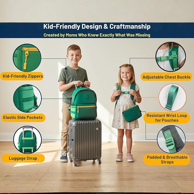 Kaywee 3pc Neoprene Kids Backpack SET with 2 zipper pouch & kids airtag holder | Elementary School backpack |Green Kids Superhero Backpack Boys and Girls Ages 3-8 Toddler airplane travel essentials
