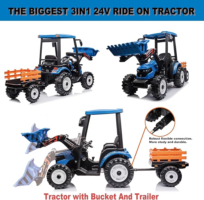 24V Kids Ride On Tractor w/Remote Control, 3IN1 Riding Tractor w/Trailer&Front Loader, Power Wheels 24V Ride on Toys for Boys Girls, Kids Ride on Excavator Toy (Blue Tractor with Trailer&Front Loader)