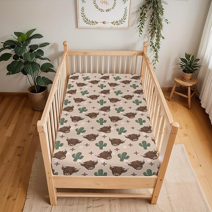 Western Highland Cows Baby Crib Sheets for Boy Girl 52x28Inch Boho Cows Cactus Stars Soft Snug Fitted Crib Mattress Covers Country Farm Animals Baby Sheet for Standard Crib & Toddler Bed Mattress