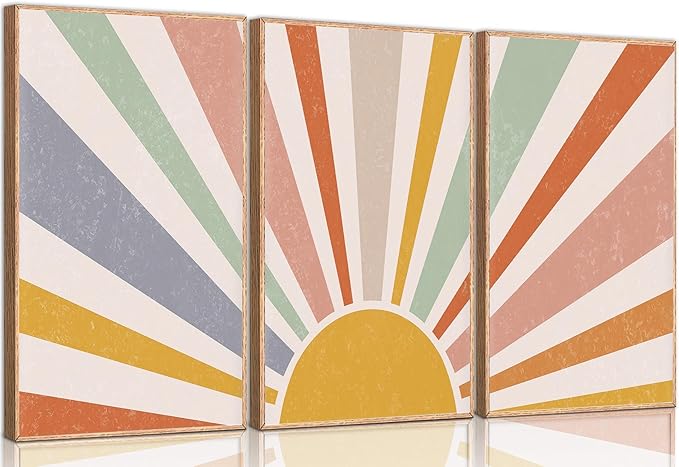 3 Pieces Nursery Boho Canvas Wall Art Rainbow Sun Rising on the Horizon Geometric Nature Illustration Line Pictures Wall Decor Posters Prints for Toddler Kids Room Home Decoration Unframed
