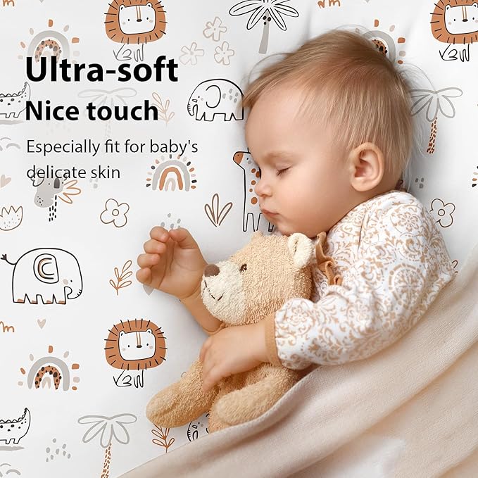 Baby Crib Sheets for Boys and Girls, 3 Pack Toddler Bed Sheets for 52”x28” Standard Toddler Mattresses, Soft Microfiber Fitted Crib Sheets Neutral Orange Animal World