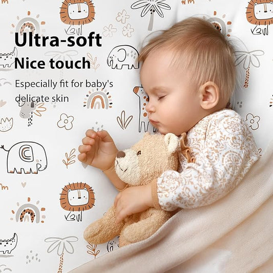 Baby Crib Sheets for Boys and Girls, 3 Pack Toddler Bed Sheets for 52”x28” Standard Toddler Mattresses, Soft Microfiber Fitted Crib Sheets Neutral Orange Animal World