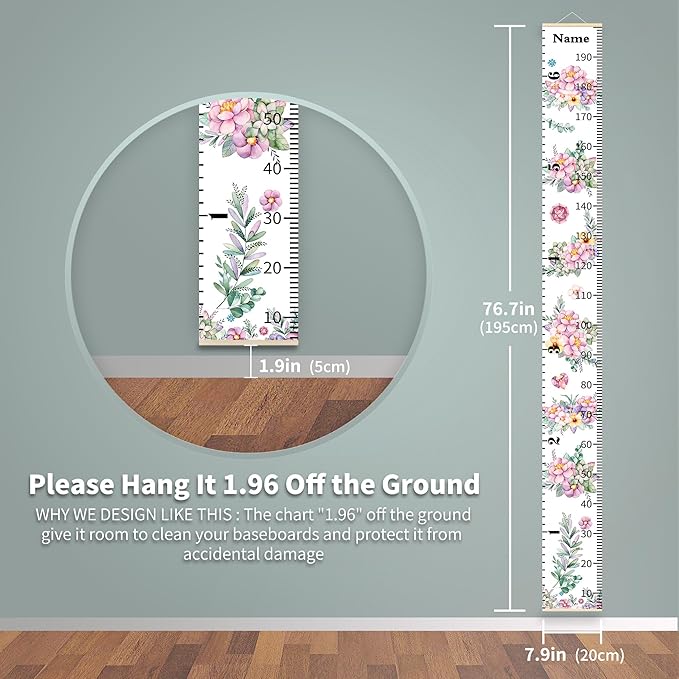 Wall Height Chart for Kids Personalized Name Custom Christmas Gift Baby Girls Flower Room Decor Wall Canvas Height Growth Measurement Ruler for Toddler Removable Wall Hanging Playroom Decoration