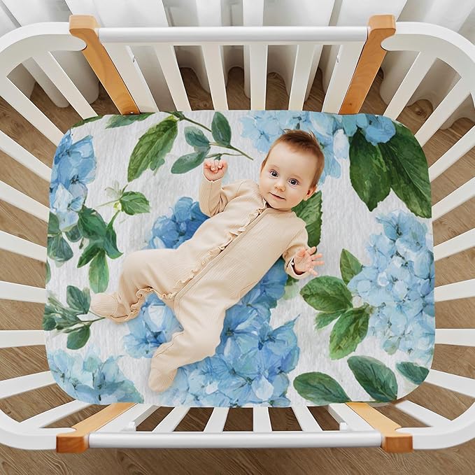Vintage Blue Hydrangea Crib Sheets Standard Crib Toddler Mattresses Cover Fitted Baby Bed Sheet Breathable Crib Mattress Sheet for Girls Boys 39''x27''x9''