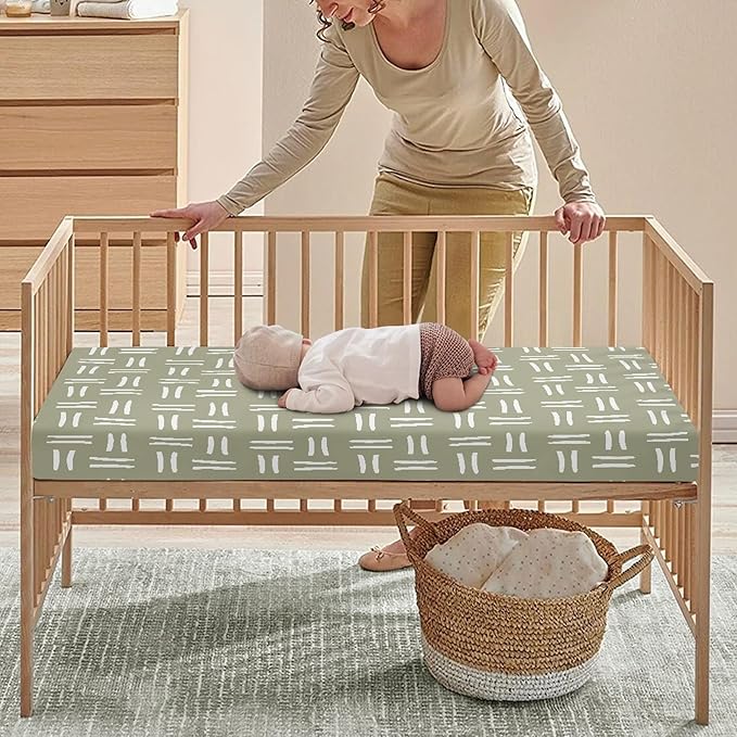 Sage Green Geometric Fitted Crib Sheet for Boys Girls Tribal Southwest White Line Stripe Baby Sheet for Standard Crib and Toddler Nursery Bed Mattress Sheets 28"x52"