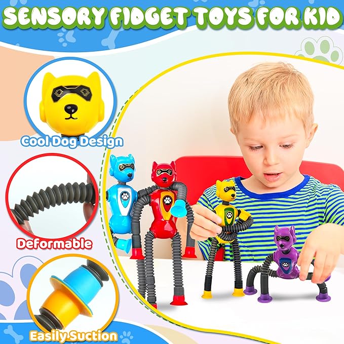 Valentines Day Gift for Boys Robot Dog Sensory Pop Tube for Toddler Kid 4PC Travel Toys Airplane Car Toy Activities Autistic Road Trip Suction Tube for Boys 3 - 8 ADHD Autism