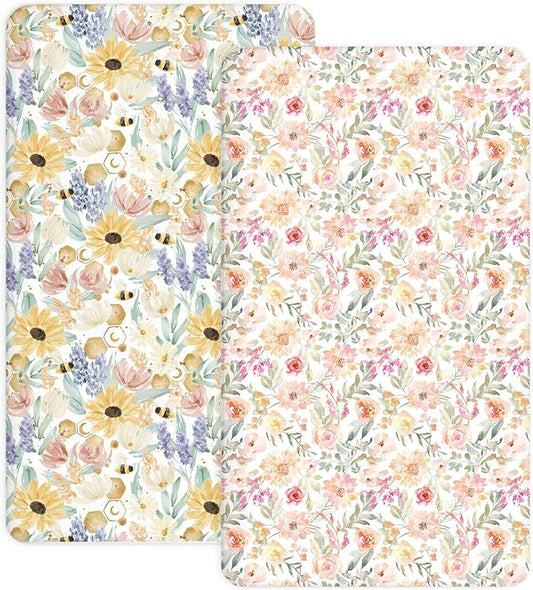 Crib Sheets for Boys and Girls, 2 Pack Fitted Baby Sheets for Standard Toddler Mattress 28" x 52", Soft Breathable Jersey Knit Baby Bedding (Golden Meadow)
