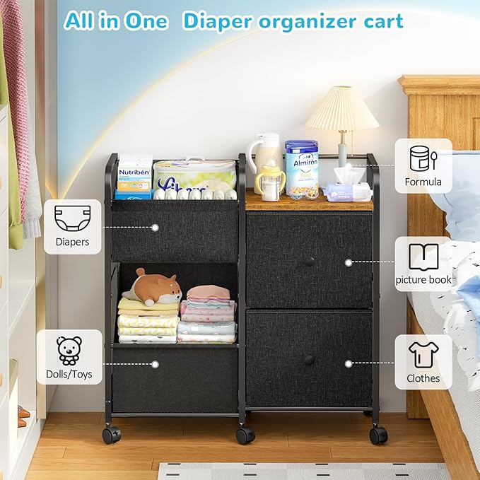 Baby Diaper Caddy Organizer Cart, Bedside Cart for Baby Essentials, Nursing Storage with Drawers and Lockable Wheels, Baby Organizers and Storage for Bedroom, Living room, Bathroom