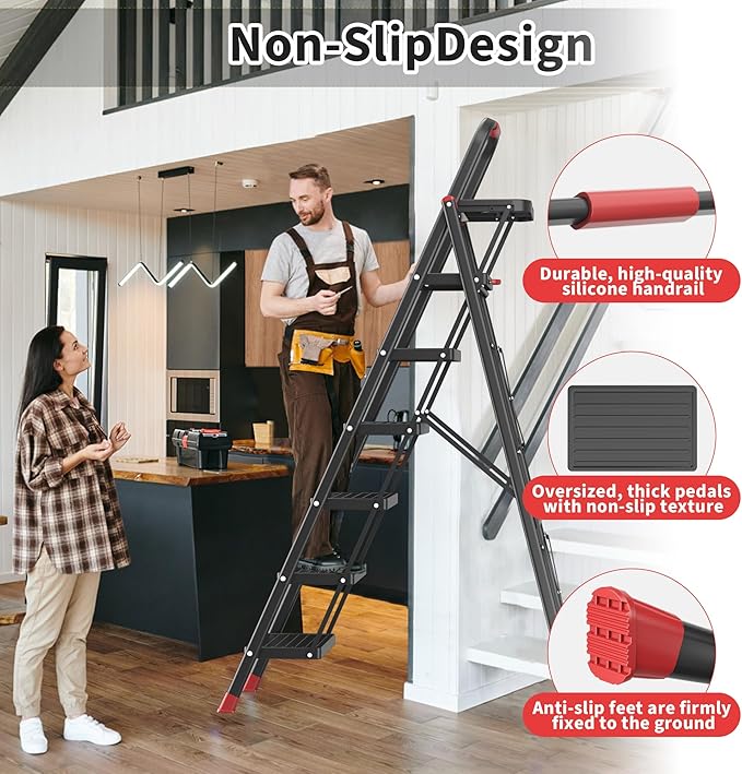 6 Step Foldable Step Ladder with Mutifunctional Tool Tray, Platform Ladders Stepstools, Step Stool 6 Step Folding with Non-Slip Pedals, 800lbs Bearing Capacity for Adults, Home, Kitchen, Black Red