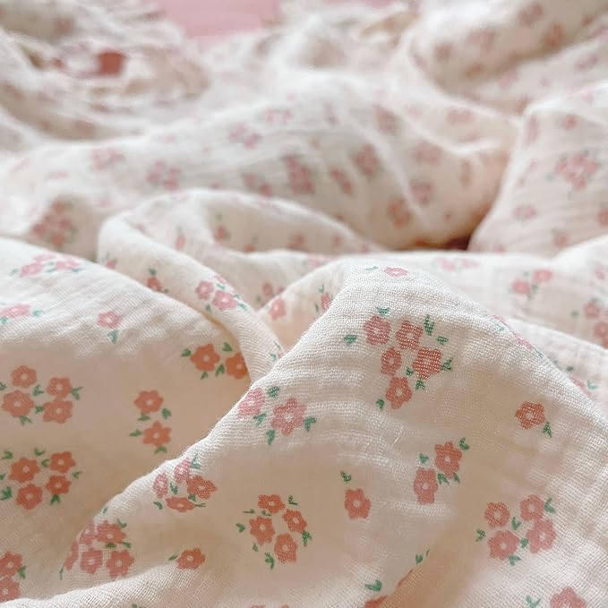 BuLuTu Pink Galsang Flower Print Girls Duvet Cover Twin Size Comforter Cover Gauze Cotton Kids Teens Bedding Vintage Floral Design Quilt Cover with Ruffles, 68"x86", No Pillow Case/Comforter