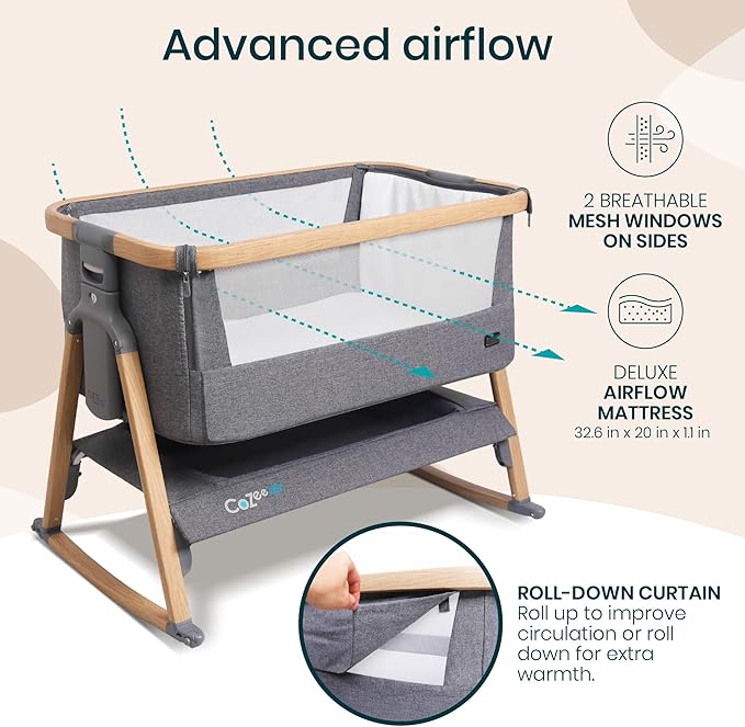 Tutti Bambini CoZee® Air Baby Bassinet & Bedside Sleeper - Rocking Bassinet for Baby, Fast-Folding with Travel Bag, Deluxe Airflow Mattress & 6 Mattress Heights, 0-6 Months (Oak & Charcoal)