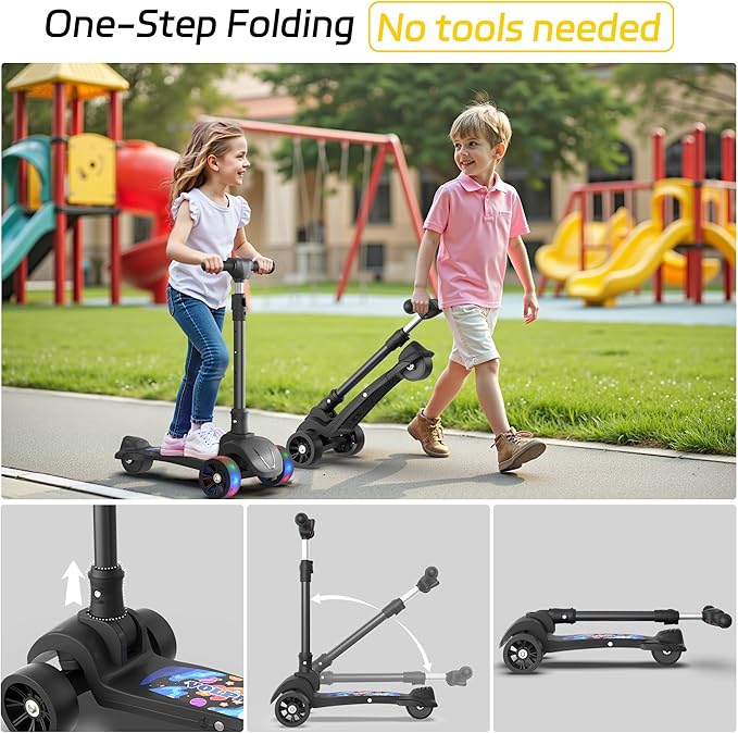 VOLPAM C001 Electric Scooter for Kids, 80W Motor, Max Safe Speed 5MPH, 3 Adjustable Height, Lean-to-Steer, 3.5" Lighted Up Wheel, Foldable Scooter for Boys & Girls, Max Load 110lbs