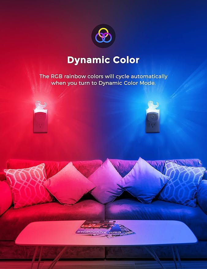 L LOHAS LED Night Light for Kids, Dinosaur Night Light for Boys, Velociraptor LED Night Lights Plug into Wall, RGB+Soft White 3000K, Dusk to Dawn, Ideal for Nursery Room, Bedroom Decor[2 Pack]