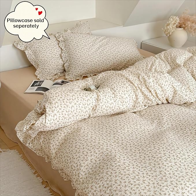 BuLuTu Cottage Camellia Print Duvet Cover King, Double-Layer Cotton Muslin Comforter Cover Floral Design Vintage Bedding Quilt Cover with Ruffles,90"x104", No Pillow, Machine Wash