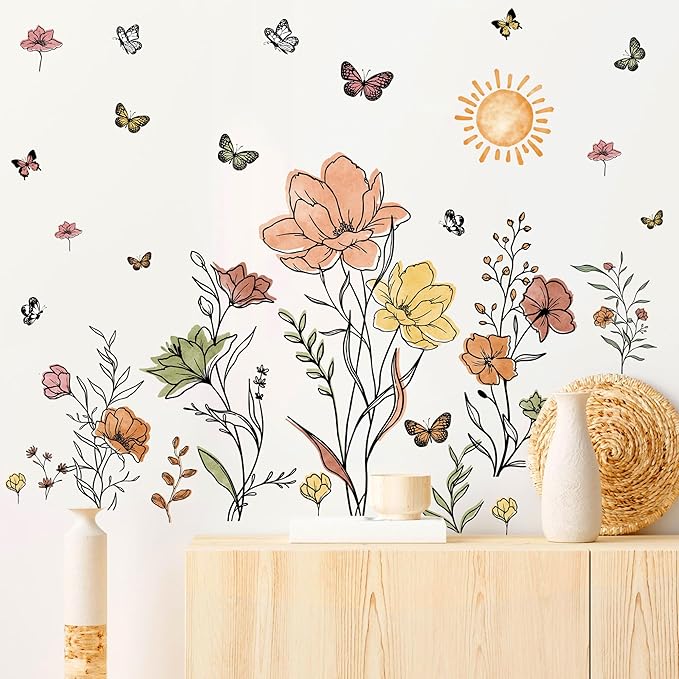 Boho Flower Wall Decals Watercolor Flower Plants Wall Stickers Wildflower Floral Walls Decals for Living Room Peel and Stick Modern Line Butterflies Art Murals for Girls Bedoom Office Home Decoration