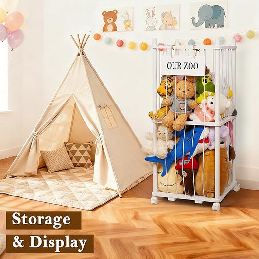 Edudif Stuffed Animal Storage Zoo, Wooden Stuffed Animal Organizer with Removable Wheels & 5-Row Elastic Cords, Space-Saving Plush Toy Storage Holder for Playroom, Bedroom, Nursery