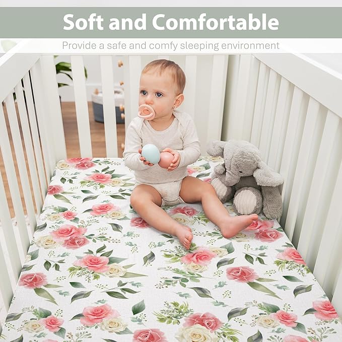 Bloom Rose Green Leaves Baby Crib Sheets for Boy Girl 52"x28" Boho Floral Soft Stretchy Fitted Crib Mattress Cover Spring Summer Flowers Nursery Baby Sheet for Standard Crib & Toddler Bed Mattress