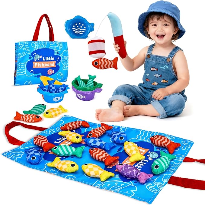 Montessori Toys for 1 Year Old Boy Girl Birthday Gift- Cloth Fishing Game for Toddler1-3 for Grandkids with Stacking Cups Learning Educational Toys Baby Toys 12-18 Months