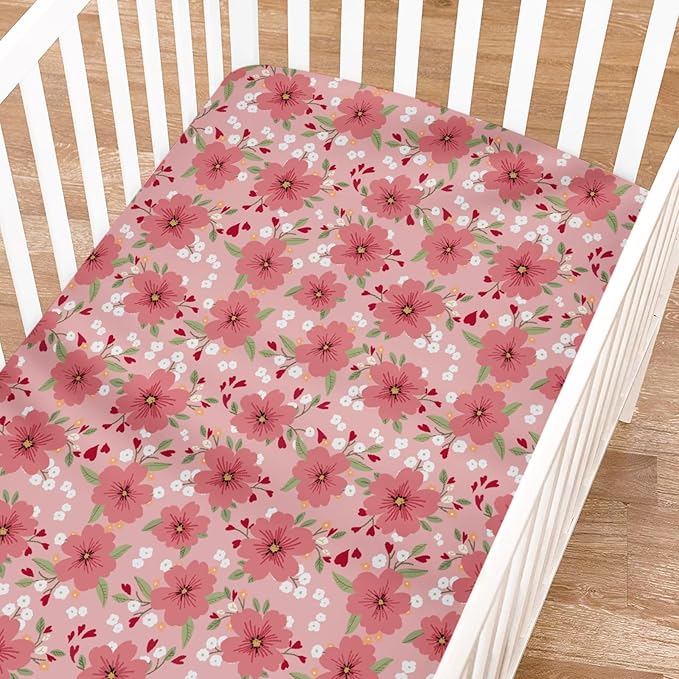 Love Blooms Fitted Baby Crib Sheets for Boy Girl 52"x28" Red Heart Blossoms Soft Breathable Stretchy Crib Mattress Covers Spring Floral Baby Sheets for Standard Crib and Toddler Bed Mattresses