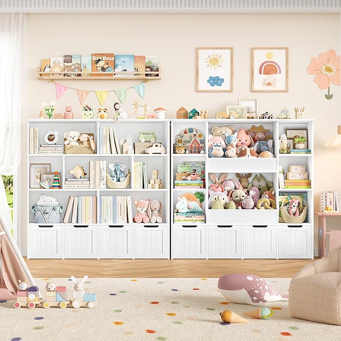FINETONES Toy Storage Organizer, Kids Bookshelf with 4 Movable Chests and 7 Storage Cubes, Toy Chest Storage with Hidden Wheels, Toy Organizers and Toy Storage, White