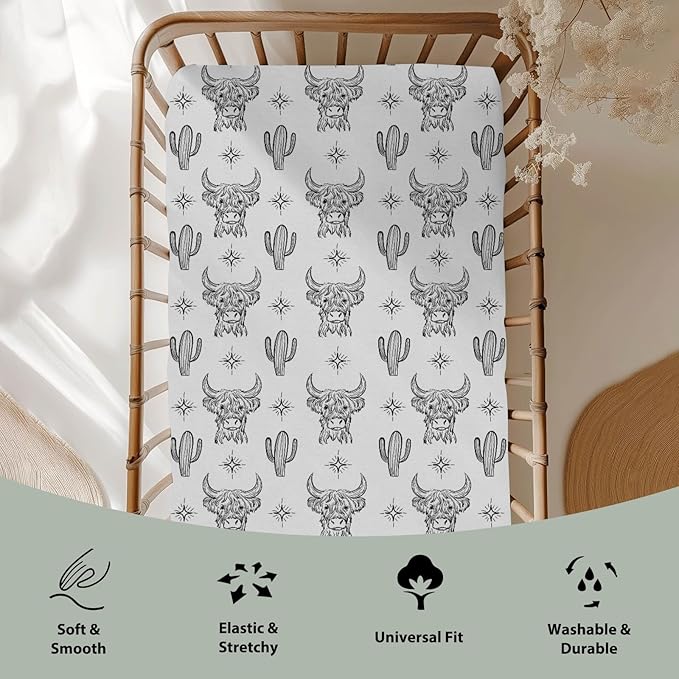 Boho Western Cow Cactus Baby Crib Sheets for Boy Girl 52x28Inch Black and White Highland Yak Soft Stretchy Fitted Crib Mattress Cover Wild West Animal Baby Sheet for Crib and Toddler Bed Mattresses