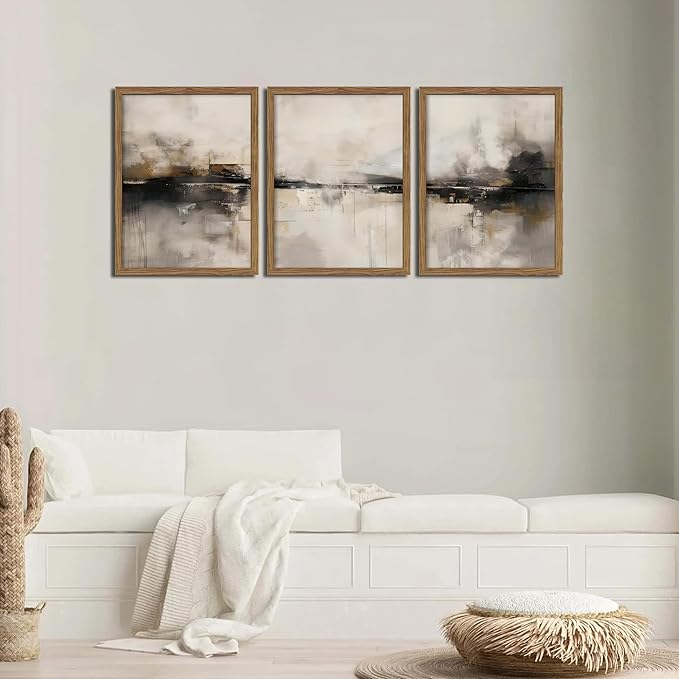 Neutral Abstract Wall Art Set of 3, Modern Black Brown Abstract Wall Decor Paintings, Minimalist Beige Textured Prints Pictures for Living Room Bedroom Office Home Decor 16x24 Inch Wood Framed