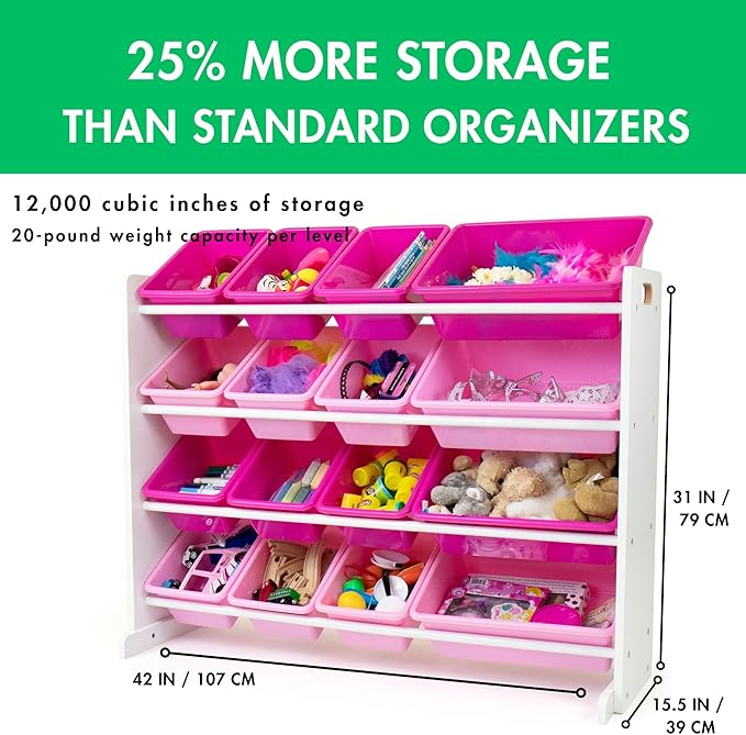 Humble Crew Supersized Toy Storage Organizer with 16 Removable Bins, White/Pink – Large Toy Storage for Toddlers Ideal for Kids' Rooms, Playrooms, and Nurseries - Modern Toy Bins for Kids