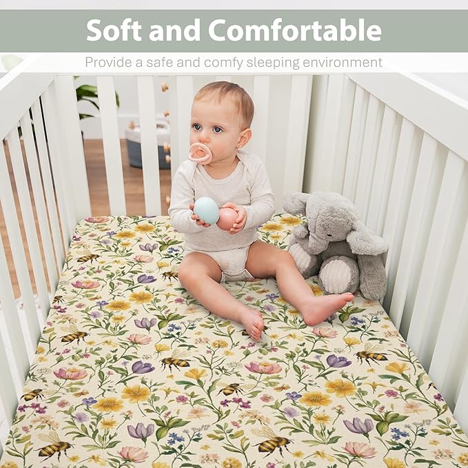 Vintage Bees Wildflowers Baby Crib Sheets for Boy Girl 52"x28" Retro Boho Flowers Soft Stretchy Fitted Crib Mattress Cover Spring Summer Baby Sheet for Standard Crib and Toddler Mattress