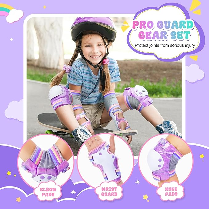 Knee Pads for Kids - ZOOBLISS Toddler Knee and Elbow Pads Set Wrist Guards for Skating Girls Aged 3-12, Kids Protective Gear for Roller Skates Skateboard Bike Scooter, Included Drawstring Bag(Rainbow)