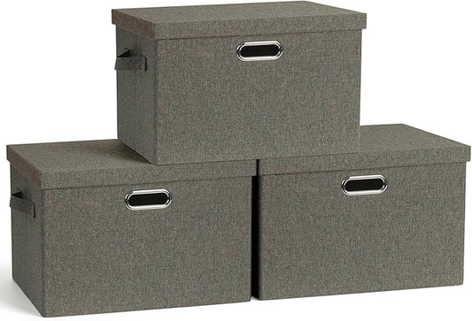 Graciadeco Large 17" 36 Quart Collapsible Stackable Storage Bins with Lids, 3 Packs Dark green Foldable Fabric Closet Storage Boxes with Lids, Heavy-duty Linen Cube Baskets(17x12x11)