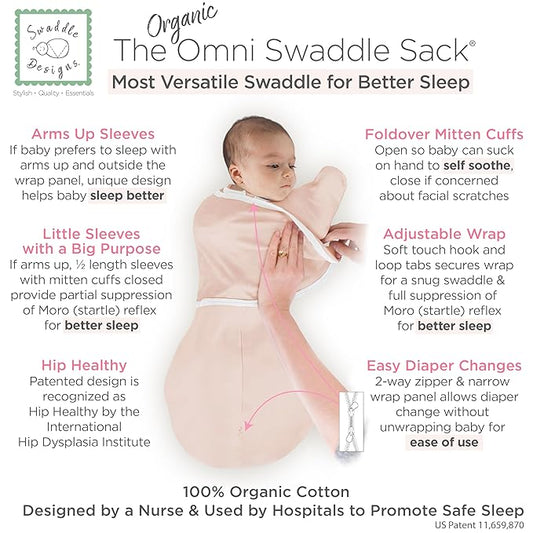 SwaddleDesigns Organic 6-Way Omni Swaddle Sack, Arms Up Swaddle for Newborn, More Options to Calm Startle Reflex, Improves Sleep, Small, 0-3 mo, 6-14 lbs, Soft Pink