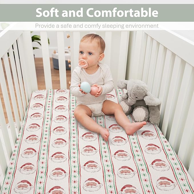 Red and Green Christmas Santa Baby Crib Sheets for Boy Girl 52"x28" Winter Santa Claus Stars Stripe Soft Snug Fitted Crib Mattress Cover Holiday Festive Baby Sheet for Standard Crib & Toddler Mattress