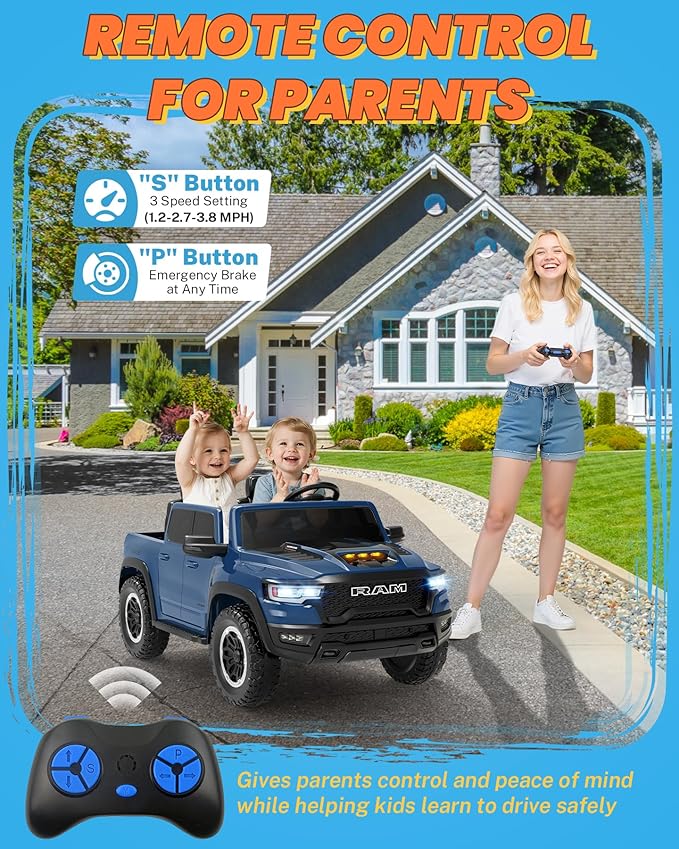 ENYOPRO 24V Ride on Toys for Kids 4-8, Licensed RAM 1500 RHO 2 Seater Kids Ride on Car w/Parent Remote, Power Pedal & Shock-Absorbing Wheels, Truck Bed Storage, Music, LED Lights (Blue - High Door)