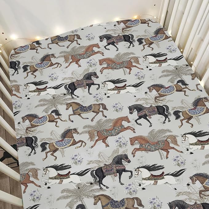 Vintage Horses Baby Crib Sheets for Boy Girl 52x28Inch Retro Arabian Horses Palm Trees Soft Stretchy Fitted Crib Mattress Covers Horse Lovers Baby Sheet Fits Crib and Toddler Bed Mattresses Gray