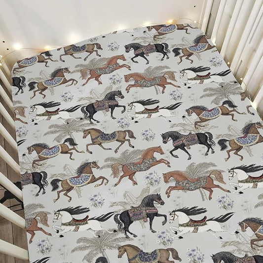 Vintage Horses Baby Crib Sheets for Boy Girl 52x28Inch Retro Arabian Horses Palm Trees Soft Stretchy Fitted Crib Mattress Covers Horse Lovers Baby Sheet Fits Crib and Toddler Bed Mattresses Gray
