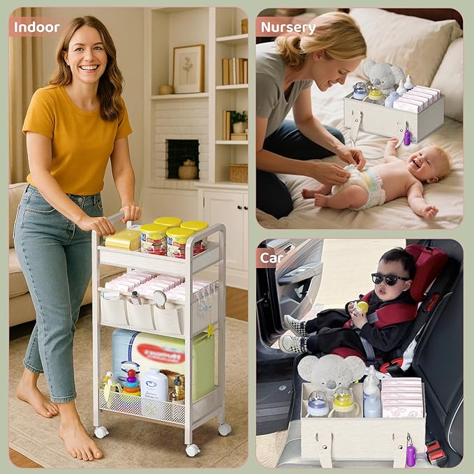 JRANBRJS Baby Diaper Caddy Organizer and Storage,2In1 Baby Cart Organizer-Baby Diaper Caddy+3 Tier Rolling Cart for Baby Nursery,Baby Bedside Cart,Easy Assembly,Beige