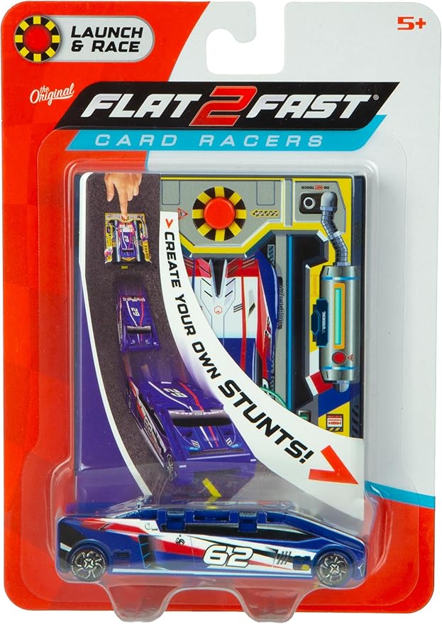 FLAT 2 FAST Original Stunt Card Racer – Flat Car Racer and Pocket Size Racecar Launcher with Built-in Button for Stunt Launching and Racing – Compact – Blue