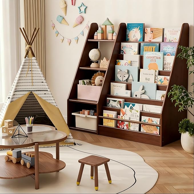 DONGMUWUJEE Solid Wood Kids Bookshelf and Storage Organizer, 7 Layer Children Bookcase, Baby Toddler Wooden Book Shelf, Display Cabinet for Playroom, Bedroom, Classroom, Nursery, School, Walnut