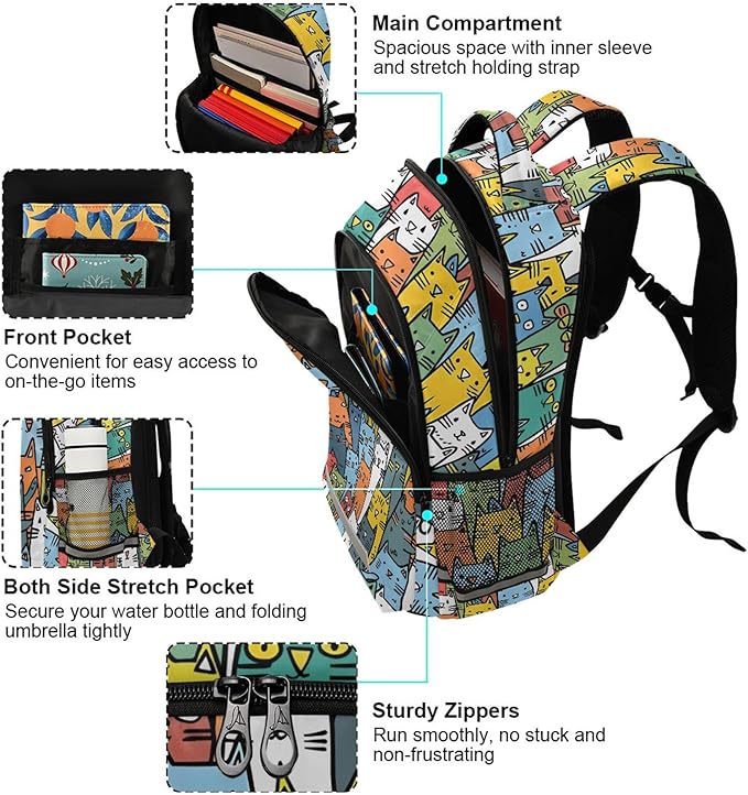 MNSRUU School Backpack with Chest Strap, Cartoon Animal Cute Cat Laptop Backpack, Travel Hiking Backpack for Boys Girls, Rucksack, Knapsack One Size