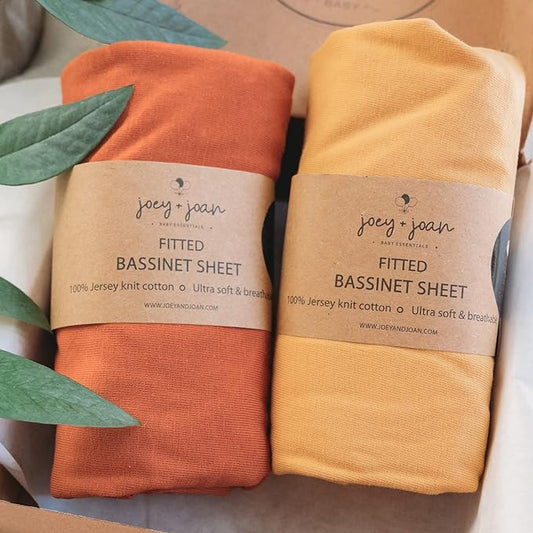 Bassinet Fitted Sheets Compatible with Dream on Me Traveler Portable Bassinet & Skylar, Seashell Bedside Sleeper – Snuggly Soft 100% Jersey Cotton – Mustard Yellow + Burnt Orange – 2 Pack