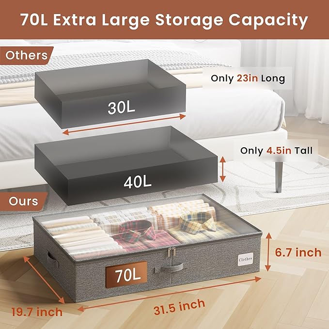 KitHero Extra Large Under Bed Storage Containers Set of 2, 70L, Closet Organizers and Storage with Sturdy Frames Lid, Underbed Storage Bins with Lids, Under Bed Drawers for Blankets, Quilt, Shoe Grey