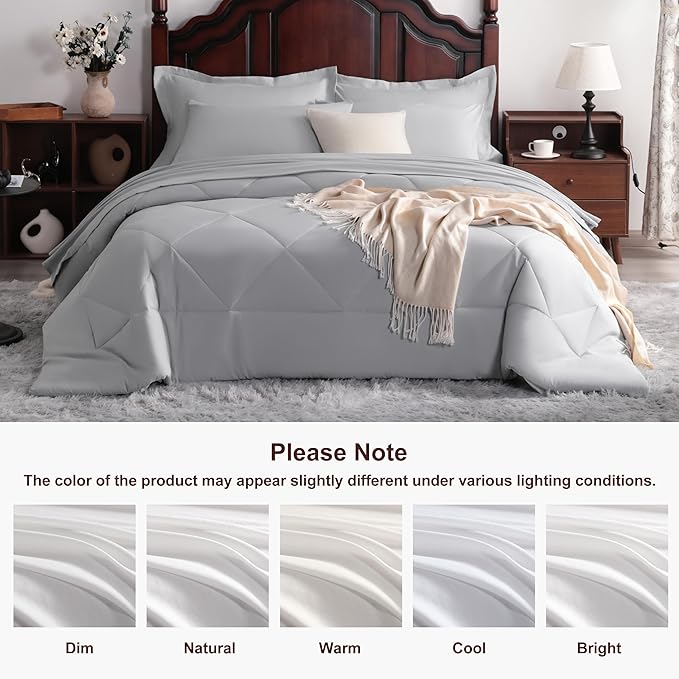 NTBAY Queen Comforter Set with Sheets, 7 Pieces Soft and Breathable Queen Bedding Set, Bed in a Bag, Down Alternative Comforter Set Solid Color All Season, Queen Bedding Set, Light Grey