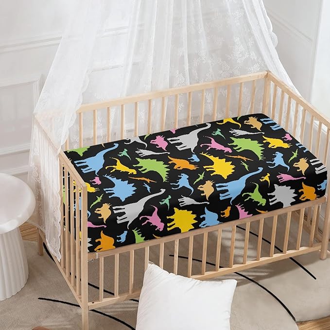 Colorful Dinosaur Baby Crib Sheets Fitted Crib Sheets Kid Crib Fitted Sheets Crib Cover Single Pack 28"x52" for Boys Girls